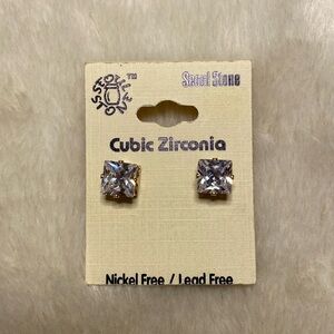 Square-Cut CZ Stud Earrings NEW Gold Tone •